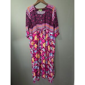 Batik Bali Dress Women Red Yellow Blue Half Sleeve Floral Light Maxi Buttons